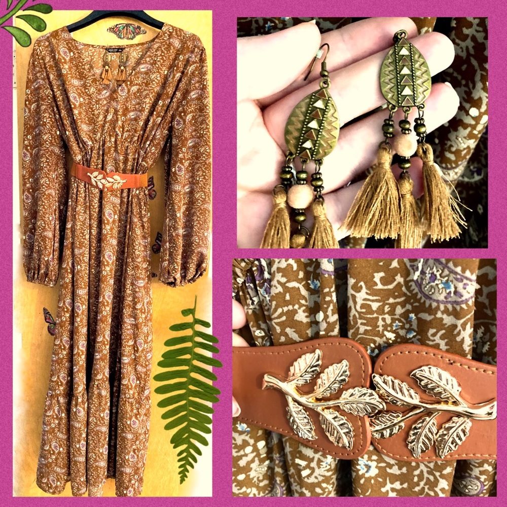 ✨Earthy Bohemian Maxi Dress W/Earrings and Belt✨
